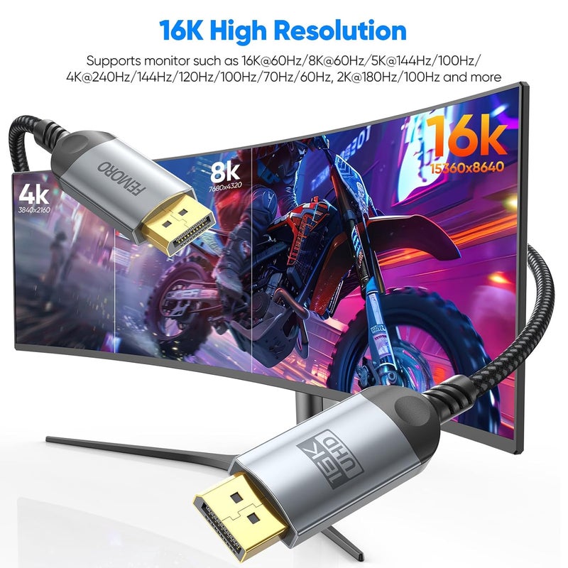 FEMORO كابل ديسبلاي بورت 10 قدم، ديسبلاي بورت 2.1 16K@60Hz 8K@120Hz 4K@240Hz 2K@360Hz 1080P@360Hz لمراقبة الألعاب 80Gbps عرض النطاق الترددي، كابل DP طويل لـ RTX 5050/60/70/80/90 RX 9060/70 XT لسطح المكتب واللابتوب إلى الشاشة - Image 3
